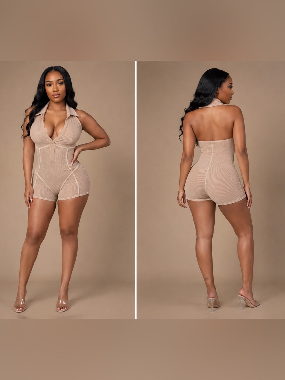 Beige Ribbed Halter Romper